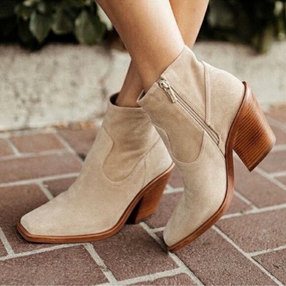 Vince Camuto Amtinda Tan Leather Suede Stacked Heel Ankle Boots Boho Western 9.5 - Picture 2 of 11